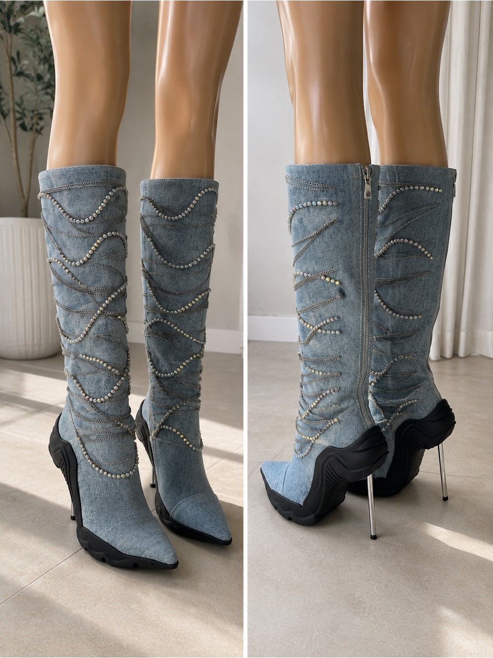 Studded Light Blue Suede Knee Boots with Stiletto Heel